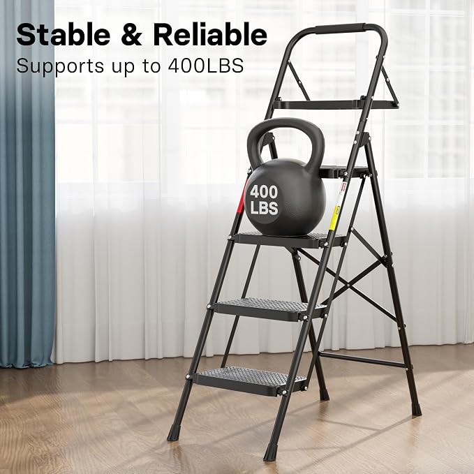 BONTEC 4-Step Ladder, 400lbs Max Load, Folding Step Stool with Tool Tray, Anti-Slip Pedals, Sturdy Steel, Lightweight Portable Ladder with Handrail for Home & Work Use, Black