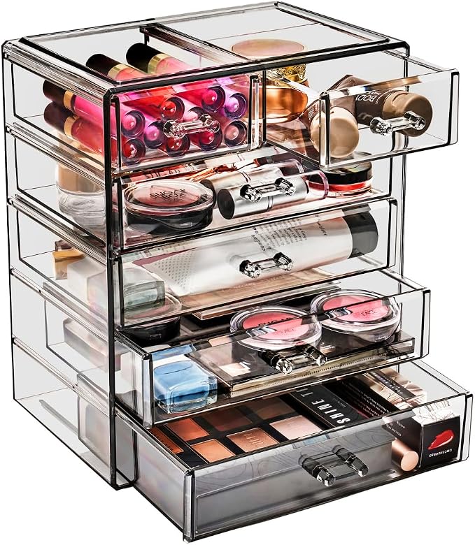 Sorbus Acrylic Makeup Organizer Set, 6-Drawer Vanity & Countertop Cosmetic Storage with Small & Wide Drawers, Black Jewel Makeup Storage for Brushes, Lipsticks, Jewelry, Holiday Gift for Women & Teens