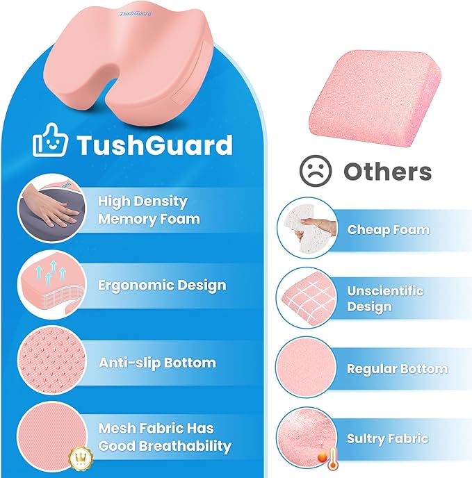 TushGuard Seat Cushion, Office Chair Cushions, Car Seat Cushion, Non-Slip Sciatica & Back Coccyx Tailbone Pain Relief Chair Pad, Memory Foam Butt Pillow for Computer Desk, Office Chair(Pink, XXL)