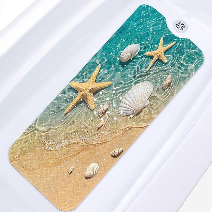 Starfish Seashell Summer Bath Mat Non Slip, Beach Ocean 40 X 16 Inch Extra Long Bathtub Shower Mat for Tub Anti Slip with Suction Cups and Drain Holes for Kids Adults Elderly