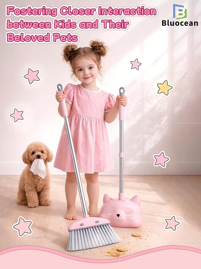 28'' Kids Mini Broom with Dustpan & Mop Set - Toddler Cleaning Toy, Toddler Household Helper, Parent-Child Interactive Play Cleaning Tool, Cute Cartoon Design, Small Safe Corner Broom (Pink)