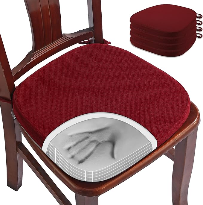 BUYUE Luxury 100% Pure Memory Foam Chair Cushions 4 Pack, Jacquard 16" U-Shape Comfortable Dining Chair Pads, Removable Slip Resistant Kitchen Chair Seat Cushions, (Set of 4, Burgundy)