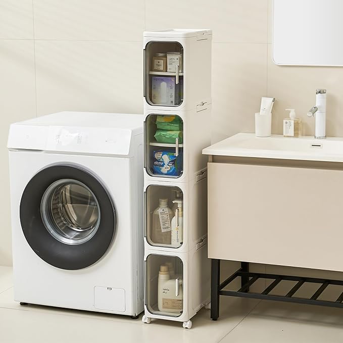 UFORU 4-Tier Narrow Storage Cabinet with Magnetic Doors and Shelves, Plastic Slim Bathroom Organizers and Storage with Wheels for Small Spaces Bathroom, Kitchen, White