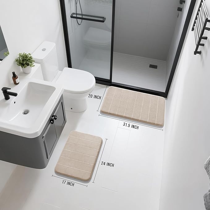 Yimobra Memory Foam Bathroom Rugs Sets 2 Piece - Super Soft Absorbent Quick Dry Bath Mat Set, Machine Washable Non Slip Floor Carpet for Tub Shower & Single Sink (17x24 & 31.5x20 Inch, Beige)