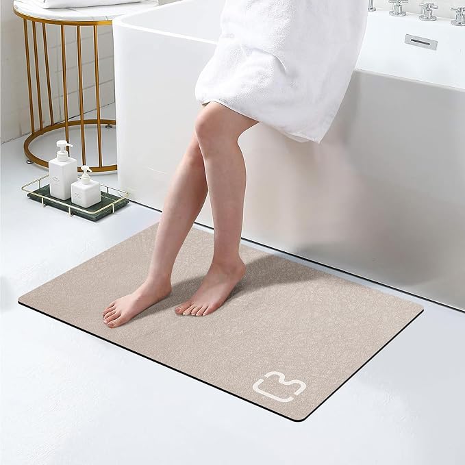RUERYA Diatomaceous Earth Bath Mat Super Absorbent Non Slip Fast Drying Shower Rug Stone Bath Mat for Bathroom Thin Bathroom Floor Mats Fit Under Door, Machine Washable, 17" x 27.5", Taupe