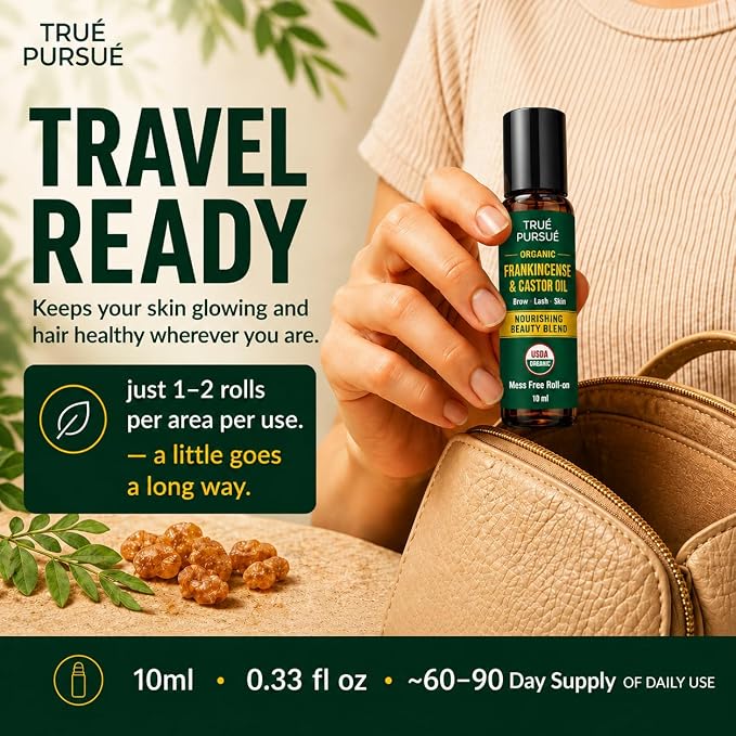Organic Frankincense and Castor Oil Roll On – Eye Roller - 100% Pure and Natural Oil for Face, Dark Circles, Under Eye, Eyelashes, Eyebrows, Hair, Body & Skin Care Moisturizer – Hexane Free – 10 ml