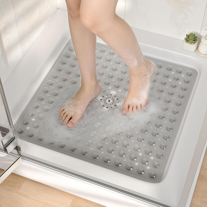 HITSLAM 21x21 Inch Square Shower Mat Non Slip, Anti Slip Bathtub Mat with Strong Suction Cups & Drainage Holes, Machine Washable Bathroom Floor Mat for Inside Shower Stall and Tub, Grey