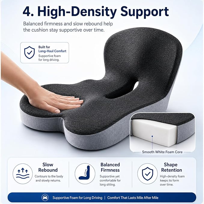 Orthopedic Cushion for Car, Extra Wide Thick Seat Cushion for Long Haul Driving with High Density Support and U-Shaped Tailbone Relief for Truck Drivers and Commuters (Dark Grey)