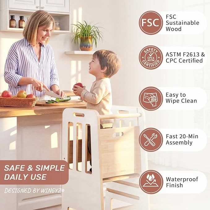 WINGYZ Toddler Tower - Anti-Tip Natural Wood Learning Stool Helper for Kids 18M-6Y, 150lb Capacity Kitchen Stool with 3-Height Adjustable Platform and Sliding Door Access, 20lb Portable Design, White