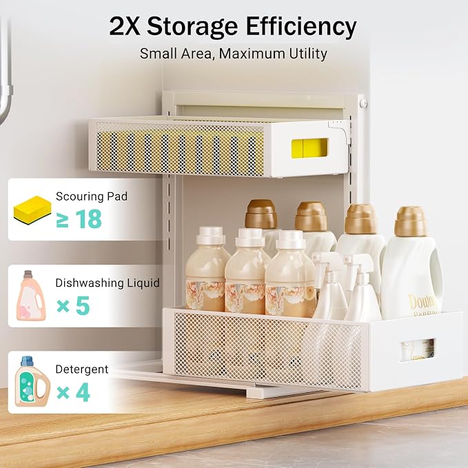 Petiza Under Sink Organizer Adjustable Height 2 Tier Bathroom Organizer Pull Out Cabinet Organer kitchen organizers and storage fridge organizers and storage,White,XL-1 Pack