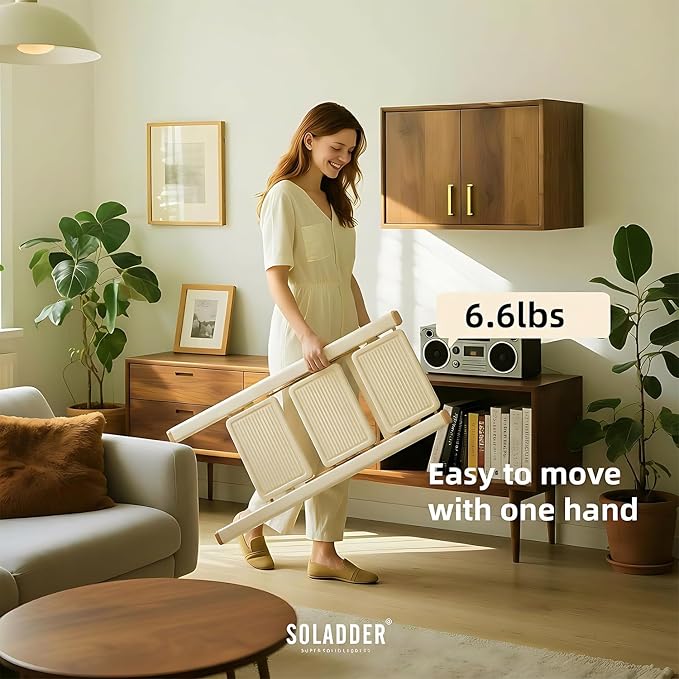 SOLADDER 3 Step Ladder, Anti-Slip and Lightweight Foldable Step Stool for Adults to Use in Kitchen, Closet and Library, 300lbs(Cream Chocalate)