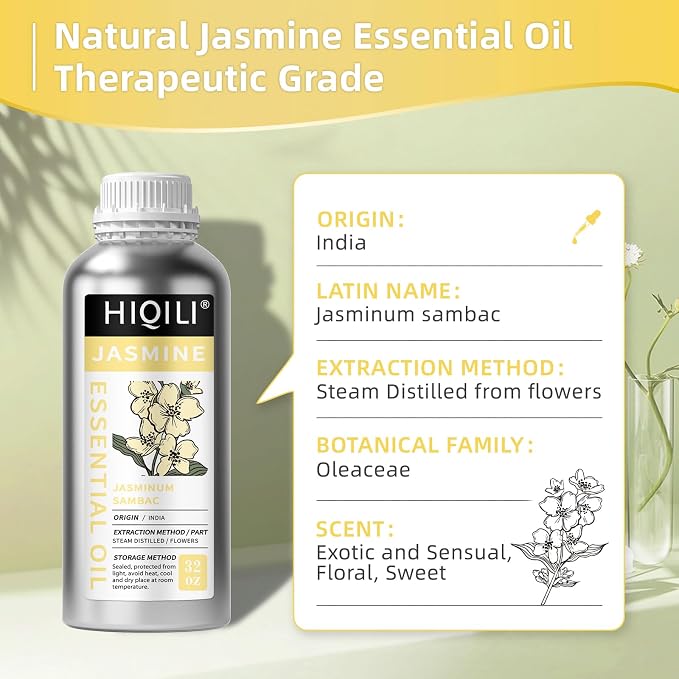 HIQILI Jasmine Essential Oil, Pure & Natural Jasmine Oil for Diffuser, Perfume, Shampoo, Aromatherapy-32 Fl Oz/1000 ML