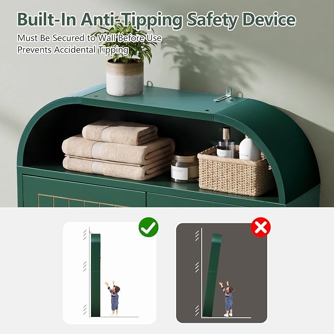 LEVNARY 31" Wide Over the Toilet Storage with Toilet Paper Holder, Arched Bathroom Organizer with Fluted Doors, 4-Tier Space Saving Freestanding Cabinet with Adjustable Shelves (Green)