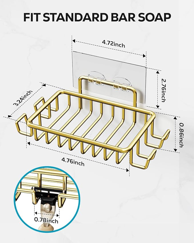 Nieifi Bar Soap Holder for Shower Wall with 4 Hooks, Stainless Steel Adhesive Soap Dish for Bathroom, Golden