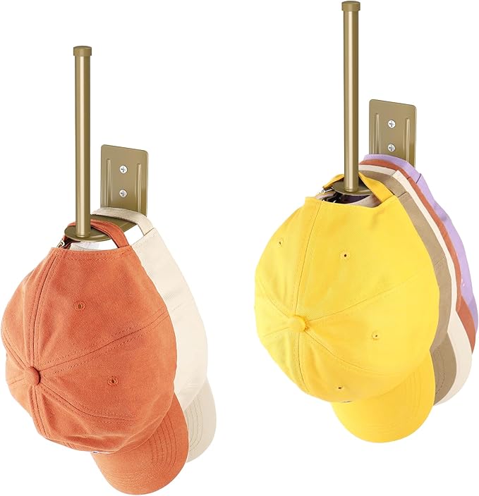 Durmmur 2 Pack Hat Racks for Baseball Caps, Stainless Steel Hat Organizer for Baseball Cap, Hat Holder Storage Organizer, Hat Hanger Strong Adhesive/Wall Drilled for Door, Bedroom, Closet(Gold 6 in)