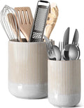 LE TAUCI Utensil Holder for Kitchen Counter, 7.3"+5.4" Fluted Ceramic Utensil Crock Organizer for Countertop, Heavy Large Holder for Spatulas, Spoons, Set of 2, Gray Marble
