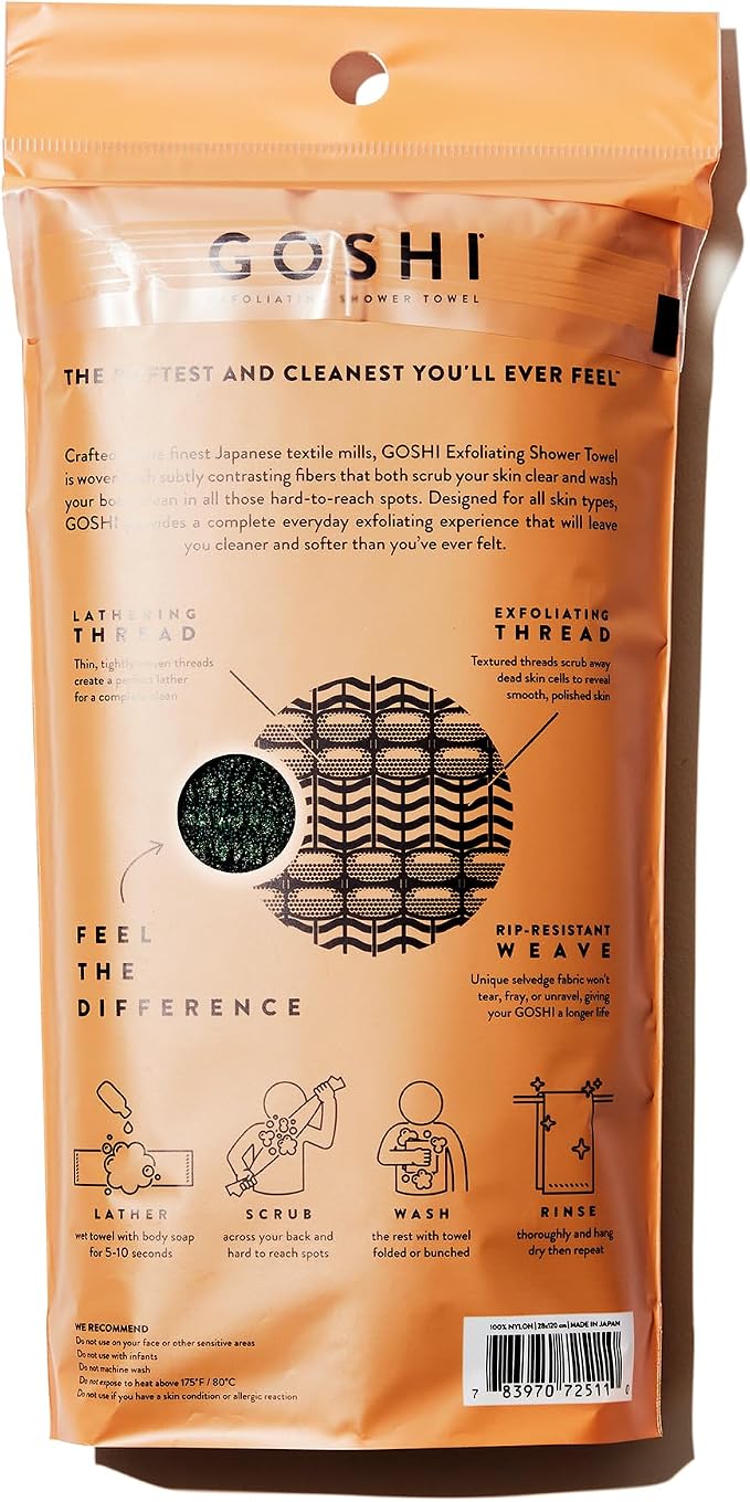 GOSHI Exfoliating Shower Towel - Long Body Scrubber for Back Acne, KP & Smooth Skin - Durable Rip-Resistant Weave, Quick-Dry Nylon Washcloth - Ethically Crafted in Gunma, Japan - Green