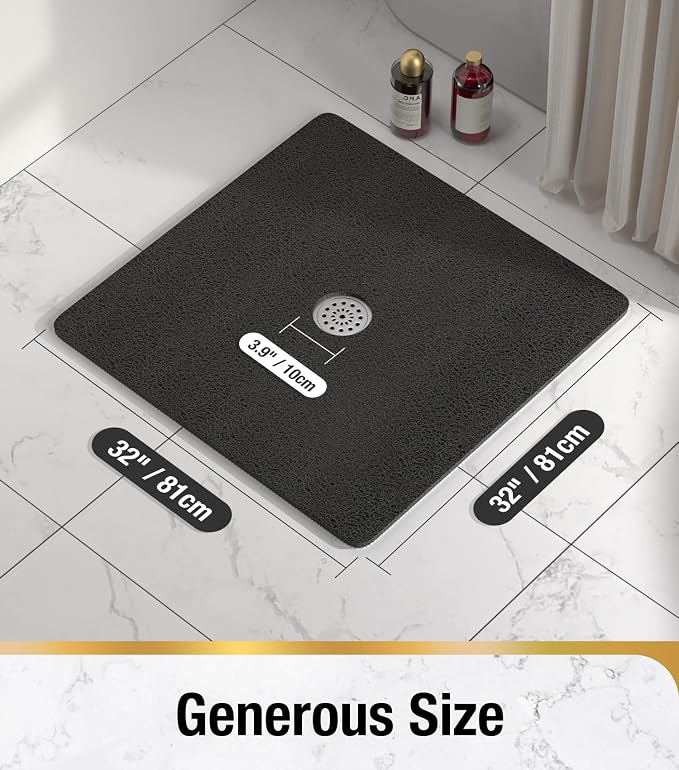 HITSLAM Square Shower Mat, 32 x 32 Inch Non Slip Bath Mat for Tub, Soft PVC Loofah Bathtub Mats with Drain Holes, Quick Drying Bathroom Stall Floor Mat, Bathroom Accessories Without Suction Cup, Black