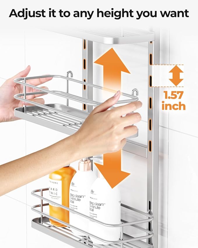 ODesign 4 Tier Height-Adjustable Shower Caddy Hanging Anti-Swing-Over The Shower Head Caddy- Storage Organizer Bathroom Shelves Basket Caddies-Silver