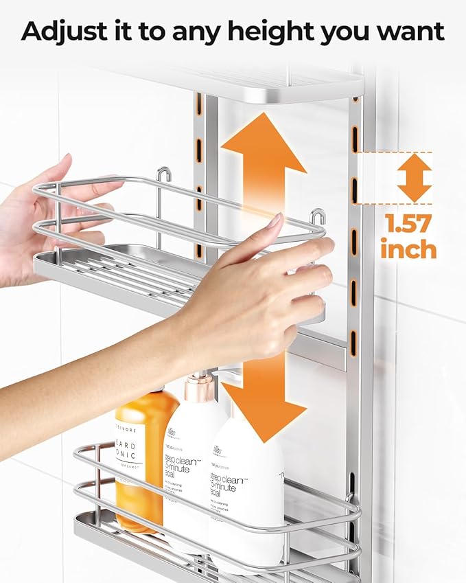 ODesign 3 Tier Height-Adjustable Shower Caddy Hanging Anti-Swing-Over The Shower Head Caddy-Storage Organizer Bathroom Shelves Basket-Silver