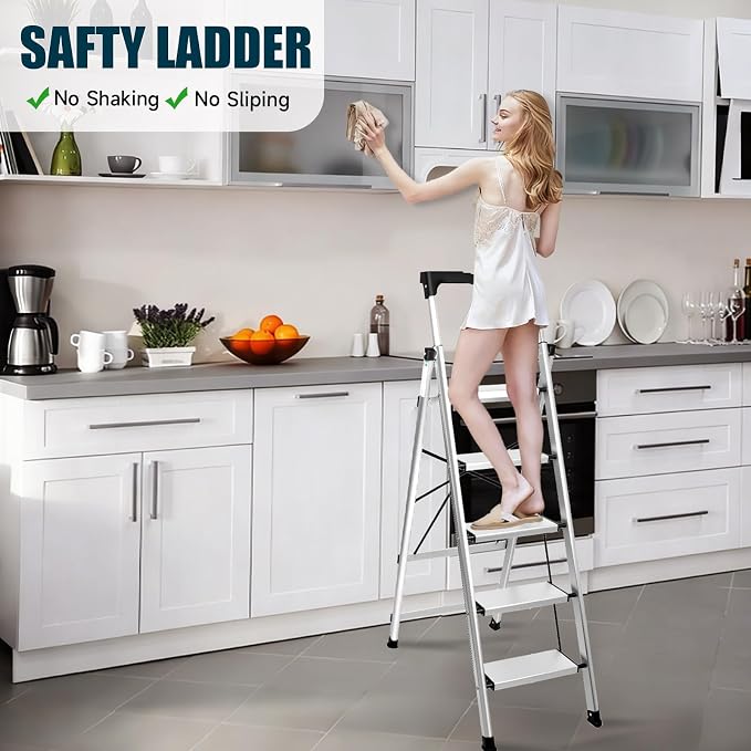 Valeo Aluminium 5 Step Ladder with Retractable Handgrip,Anti-Slip Pedal,330 lbs Capacity,Folding Step Stool for Kitchen, Garage, Home, Space Saving, Sturdy and Portable, Silver