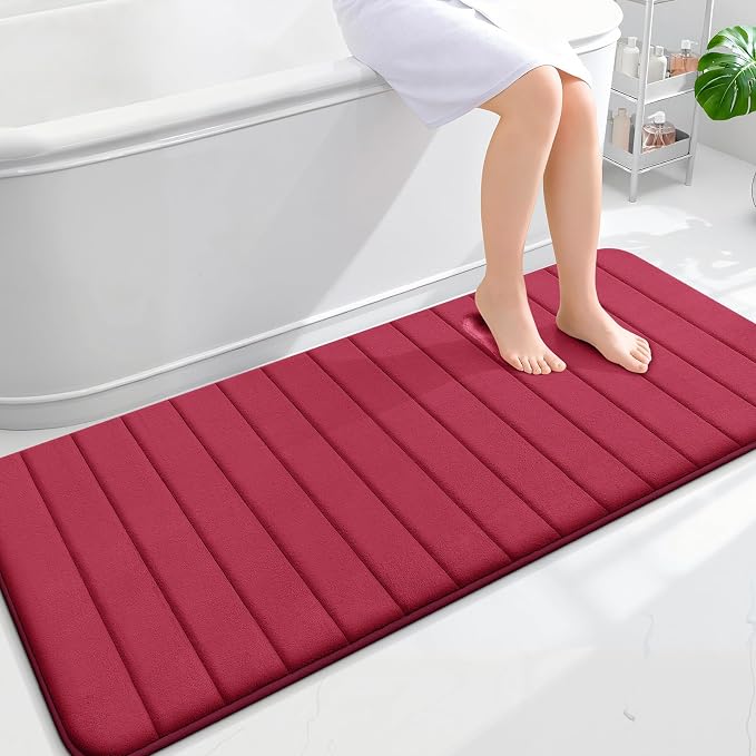 OLANLY Memory Foam Long Bathroom Rugs Runner 59x24, Super Soft Absorbent Bath Mat, Quick Dry, Machine Washable Shower Floor Rugs, Bathmat Carpet, Bathroom Home Decor Accessories, Burgundy