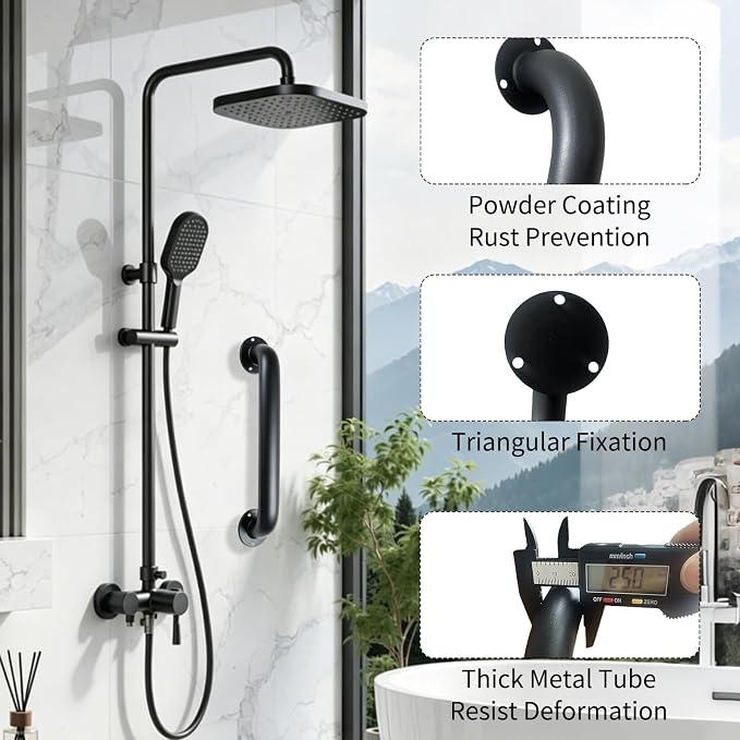12 INCH Metal Stair Handrail 2pcs Wall Mount Handrail Indoor Safety Grab Bar for Stairs Handicap Grab Bars for Seniors Elderly,for Bathroom, Shower, Toilet-Matte Black