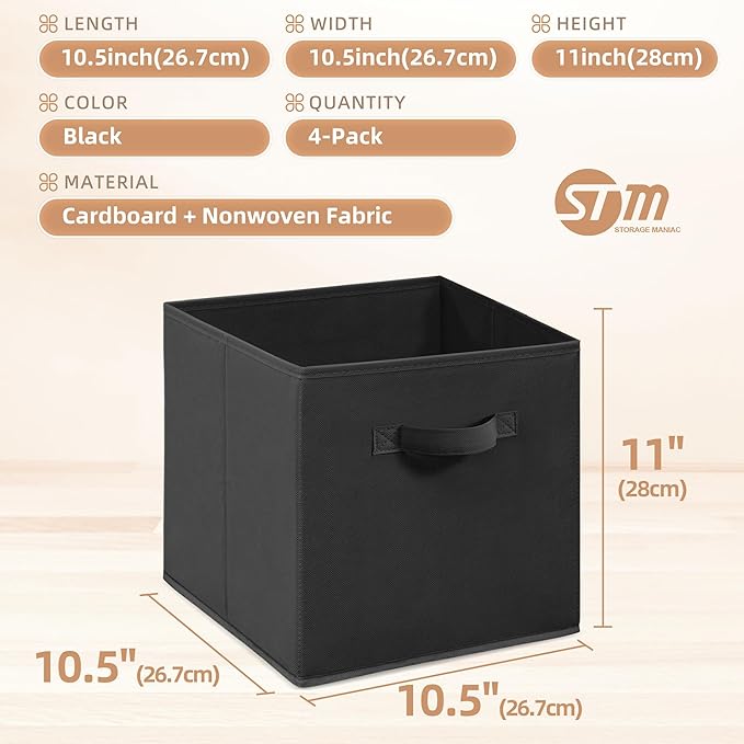 STORAGE MANIAC Storage Cubes, 11 Inch Collapsible Storage Bins with Handles, 4 Pack Fabric Foldable Bins for Organization, Durable Storage Bins for Closet, Shelves, Offices, 4-Pack Black