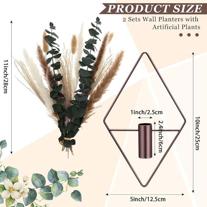 Jexine 4 Pcs Hanging Planters with Artificial Pampas Metal Hanging Vase Indoor Plants Holder Modern Geometric Boho Bathroom Wall Decor for Living Room Home Office, Bronze