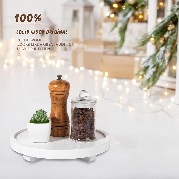 Round Decorative Tray Wood Bathroom Counter Organizer Farmhouse Kitchen Decor Wooden Riser for Soap Dish, Perfume, Candle, Sponge, 9" - White
