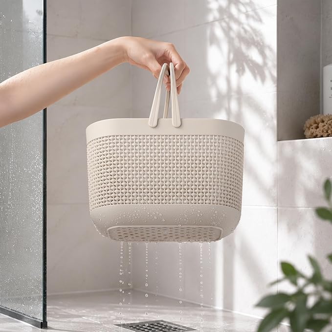 UUJOLY Plastic Organizer Storage Baskets with Handles, Shower Caddy Bins Organizer for Bathroom and kitchen, Beige