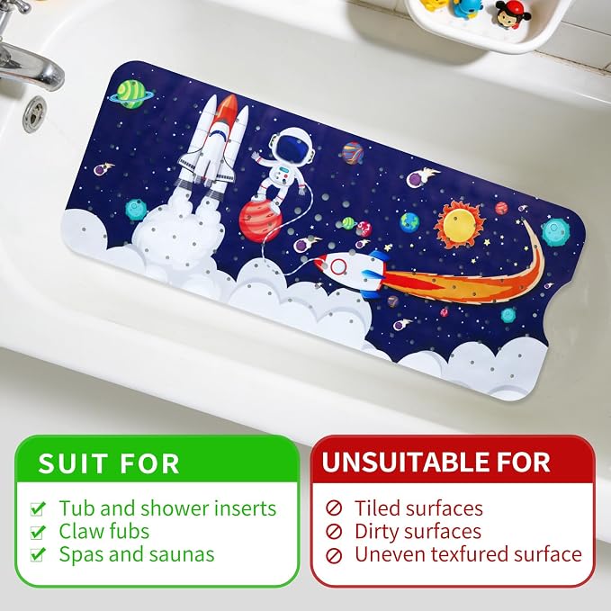 Baby Bath Mat for Tub Non Slip Kids Bathtub Mat Extra Long 40X16 Inch Toddler Bath Tub Shower Mat Anti Slip with Suction Cups & Drain Holes, Machine Washable (Space)