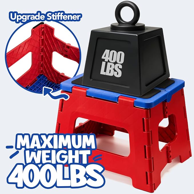 Delxo 9 Inch Folding Step Stool for Kids - Includes 3 Alphabet Letter Stickers & 2 Non-Slip Grip Pads, Sturdy Foldable Foot Stool for Toddlers, Kitchen, Bathroom & Bedroom (Red+Blue)