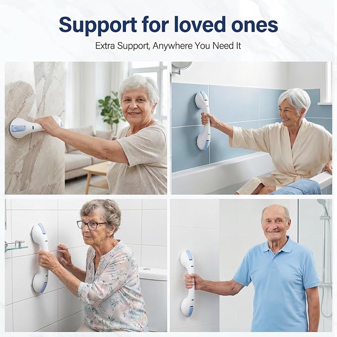 17.5″ Grab Bars for Bathtubs and Showers with Indicator Suction Grab Bar, Heavy Duty Shower Handle for Seniors and Elderly, No Drilling Removable Safety Shower Handles for Bathroom, New Blue