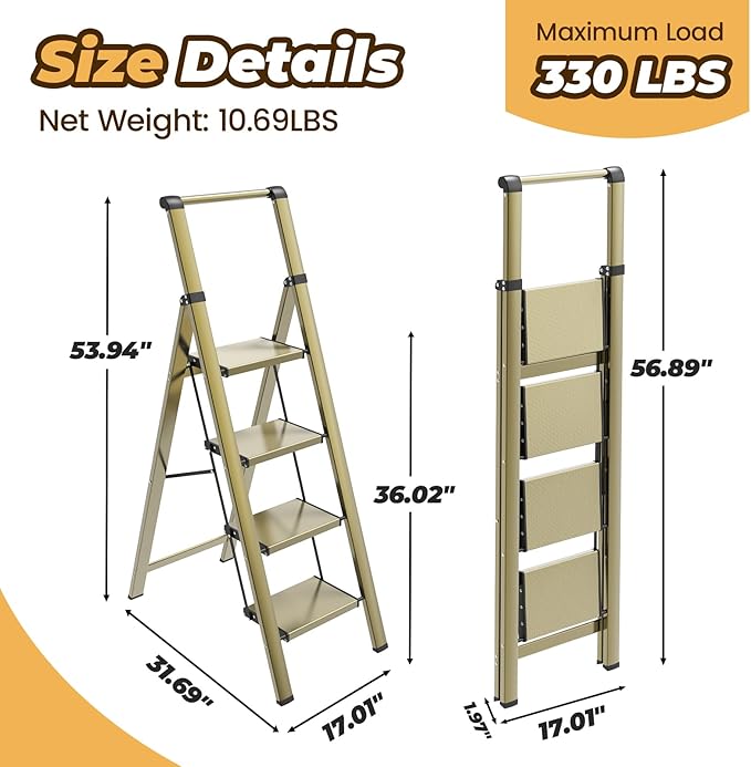 HBTower 4 Step Ladder with Handrail, Aluminum Folding Step Stool,330lbs Capacity Portable Step Ladder，Non-Slip Safety Ladder for Household,Kitchen,Office - Gold