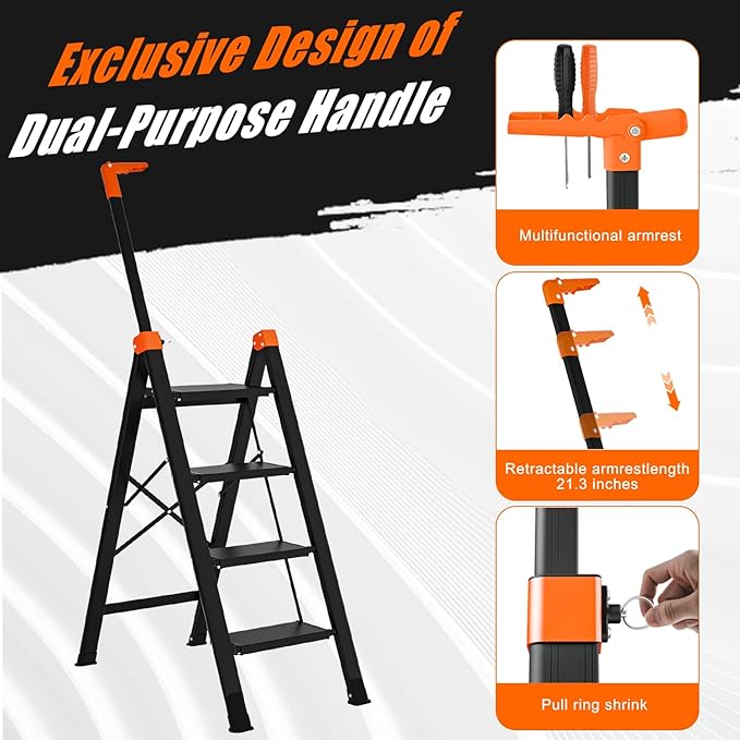 4 Step Ladder with Single-Handrail,Lightweight Aluminum 4 Step Ladder,600lbs Max Load Heavy Duty Step Stool for Kitchen,Home,Office