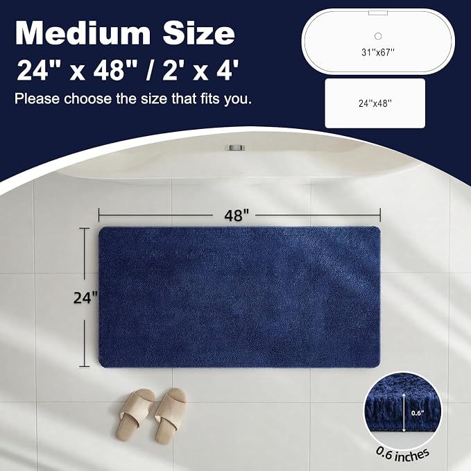 TYUU Navy Blue Bathroom Rugs, Ultra Soft Bath Rugs Non Slip Washable, Super Absorbent Quick Dry Bath Mat with Rubber Backing for Bathroom Floor, Shower, or Sink, Navy Blue 24" x 48"