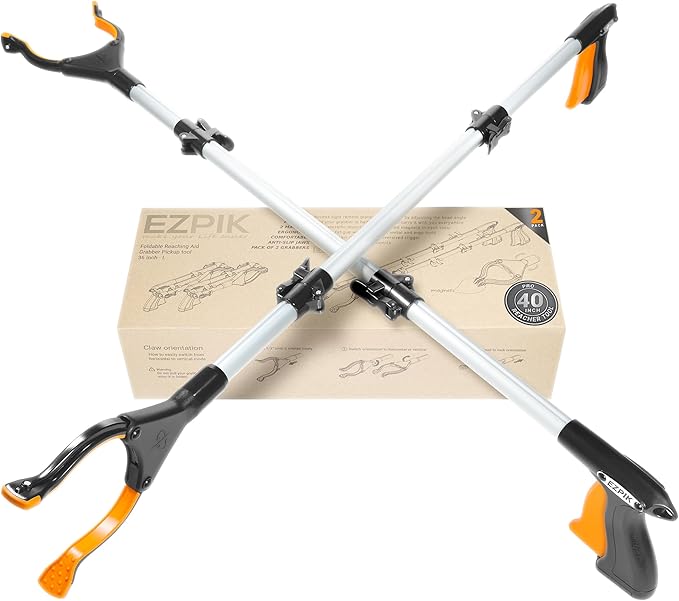 EZPIK Pro 40" Extended Grabber Reacher Tool for Elderly, Trash Hand Grabber Pickup Sticks for Seniors, Extension Gripper Claw Pickup Tool, Hand Extension Magnetic Folding Tongs 2-Pack (Silver)