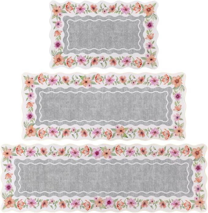 Vaukki Boho Kitchen Rug Sets 3 Pieces, Washable Kitchen Mats for Floor, Non Slip Soft Kitchen Area Rug Floor Mat for Kitchen, Laundry Room and Hallway (Flower-Grey, 20''x32''+20''x47''+20''x59'')