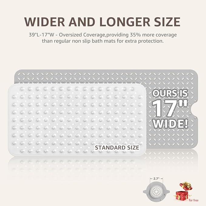 OTHWAY Bath Mat for Tub Non Slip: 39" X 17" Long Bathtub Mat with Hair Catcher│Big Drain Holes Shower Mats for Inside Shower│Machine Washable (Grey)