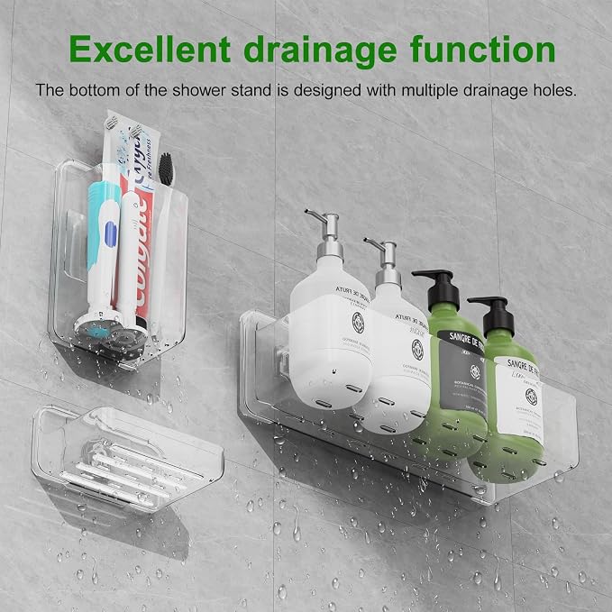 Adhesive Shower Caddy 6 Pack Rustproof Shower Shelves for Inside Shower No Drilling Bathroom Organizers and Storage Large Rack with Soap Holder Clear