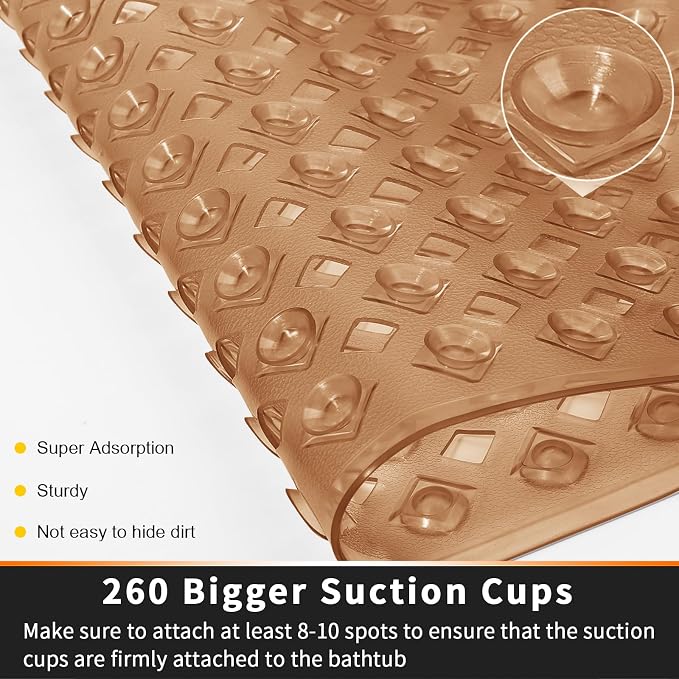 Yimobra Bathtub Mat Non Slip, 35"X16" Shower Mat with Strong Suction Cups&Drain Holes, Long Anti Slip Bath Tub Mat for Inside Shower, Machine Washable Fast Drying, Bathroom Essentials,Clear Brown
