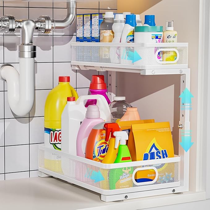 Under Sink Organizer, High Adjustable 2 Tier Under Sink Organizers and Storage, Slide out Metal Cabinet Organizers, Pull out Storage Drawer Shelf for Kitchen Bathroom Cabinet (1, White)