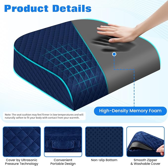Seat Cushion for Office Chair, Memory Foam Chair Cushions, Car Seat Cushion for Long Sitting, Desk Chair Cushion for Pressure Relief, Non-Slip Bottom, Washable Cover, Large, Blue
