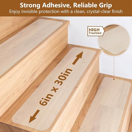 10-Pack 6″ x 30″ Transparent Anti-Slip Tape, Clear Adhesive Grip Tape, Clear Stair Treads Non-Slip for Wooden Step, Floors, Stairs, Pre-Cut and Easy to Use