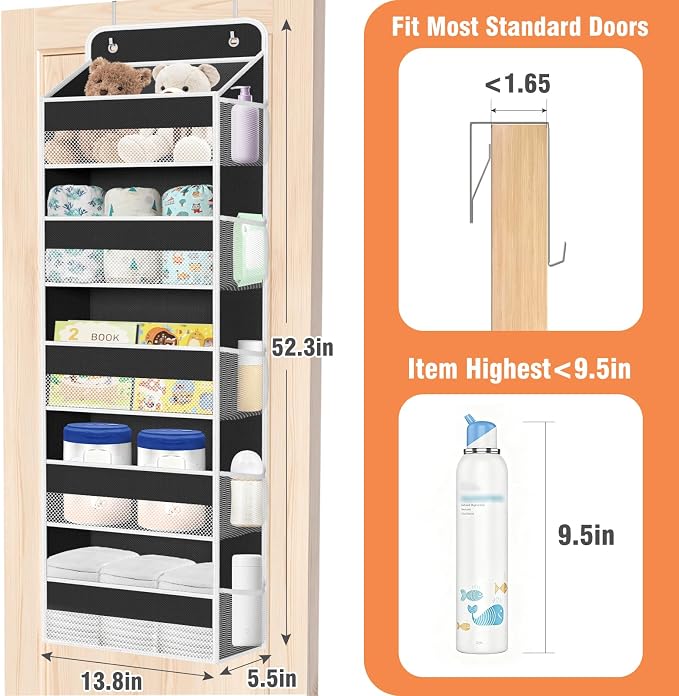 WISELIFE Over the Door Organizer - 5 Shelves Large Capacity Hanging Bedroom Storage Solution with Side Pockets for Dorm Bathroom Pantry Nursery and Baby Essentials Holds up to 40 Lbs Black