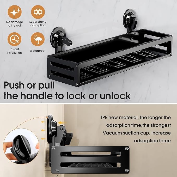 Suction Cup Shower Caddy, 11.8 inch Extended Version,5 Hooks & Towel Rrack, No Drilling Required, Rust-resistant Bathroom Shower Organizer,with 2 Extra Suction Cups for Replacement Use (2Pack-Black)