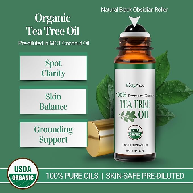 Tea Tree Essential Oil Roll On for Acne Blemish Clear Skin Care - 100% Pure USDA Organic MCT Coconut Oil - Face Body Nail Cuticle Purifying Fresh Skin Care Cleansing - Gemstone Roller 10ml Travel Size
