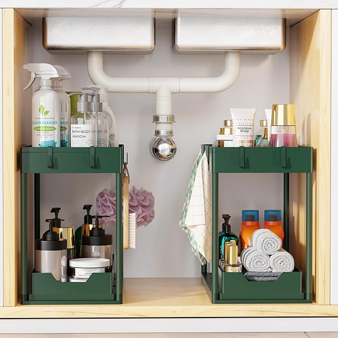 Simple Trending Under Sink Organizer 2 Pack, Sink Pull-Out Sliding Storage Cabinet, 2-Tier Under Shelf Organizer for Kitchen Bathroom, Green