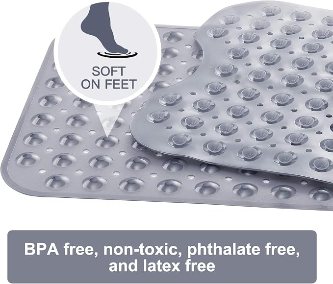 YINENN Bath and Shower Safety Mats 40x16 inch, Non Slip with Suction Cups for Bathroom Stall and Tub Floor, Extra Large and Machine Washable, Drain Holes Keep Bathtub Clean, Clear Gray